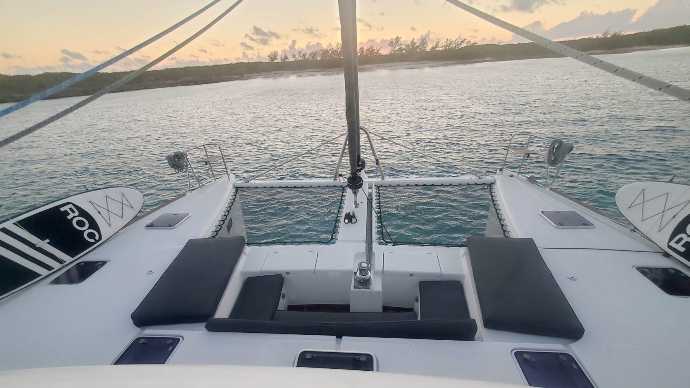 Private Luxury Catamaran Charter Exumas Bahamas bow-lounge-from-flybridge-sm