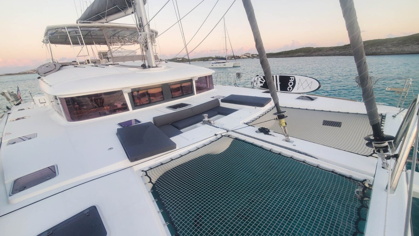 Private Luxury Catamaran Charter Exumas Bahamas bow-lounge-port-sm