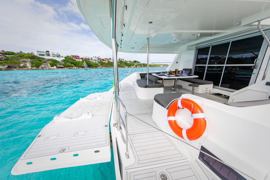 Leopard Catamaran for Luxury Yacht Charters from Cancun back platform