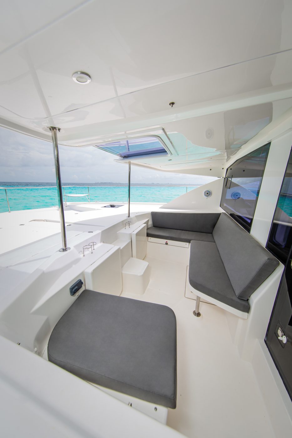 Leopard Catamaran for Luxury Yacht Charters from Cancun front seats