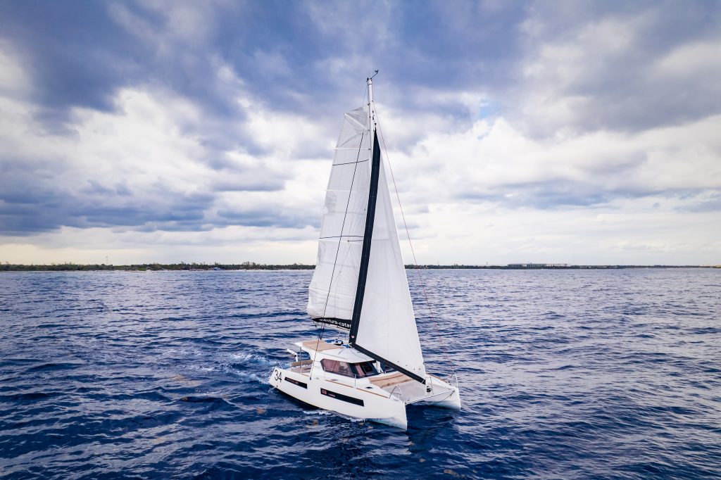 Private 34ft Catamaran Aventura Luxury Boat Charters in Tulum Riviera Maya sailing