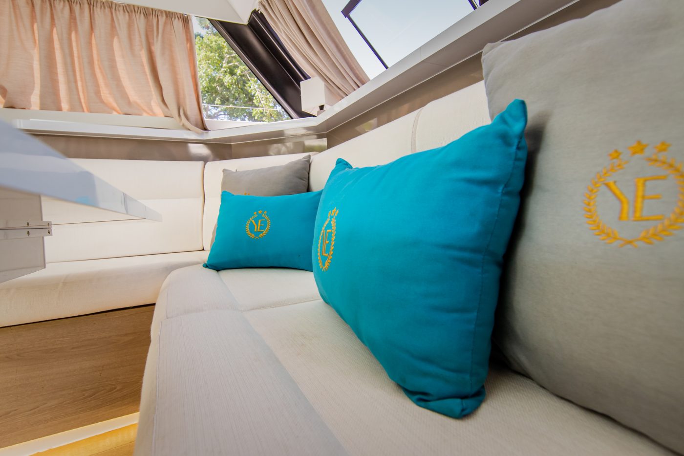 Private 34ft Catamaran Aventura Luxury Boat Charters in Tulum Riviera Maya sofas
