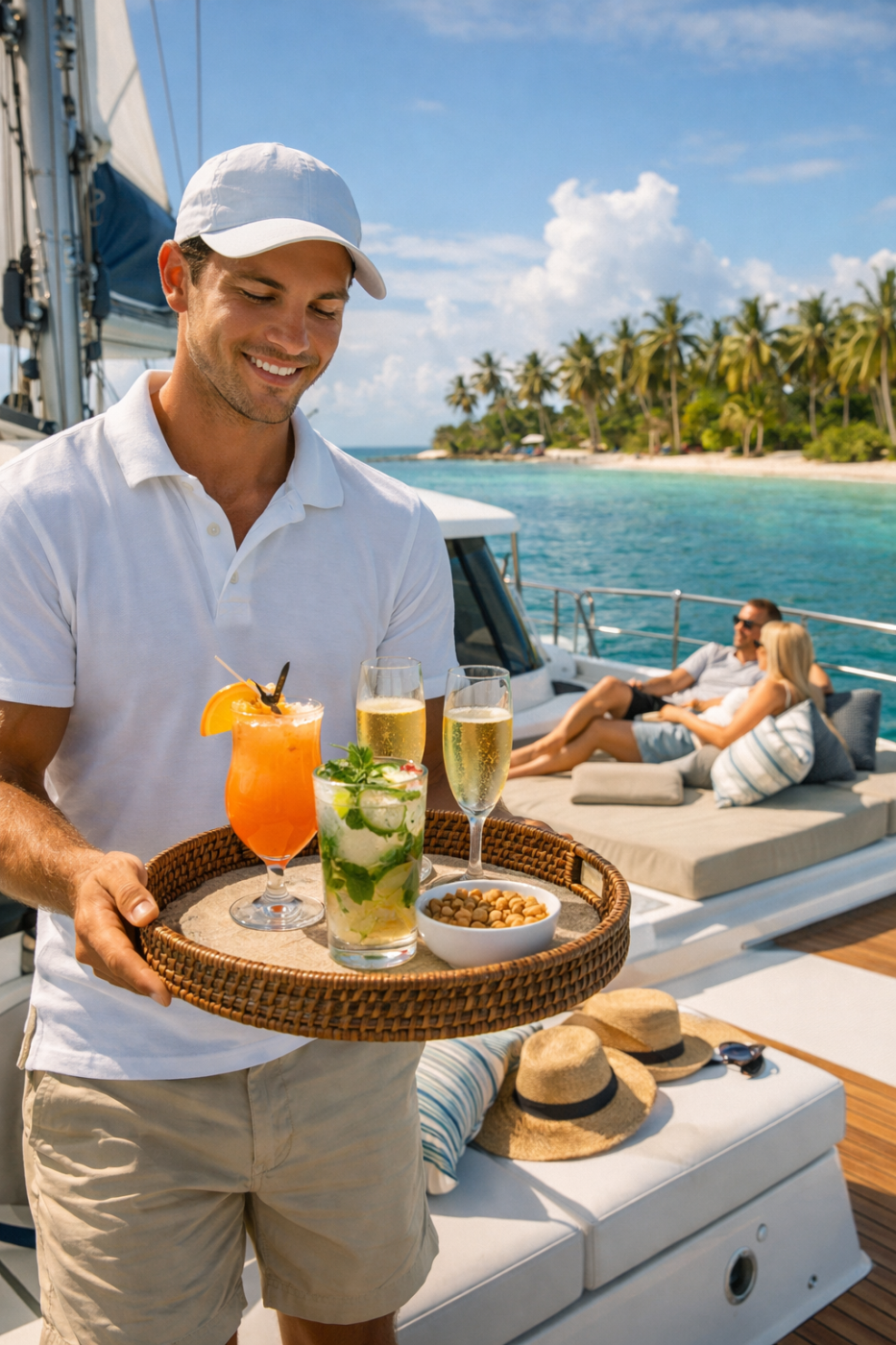 Tripulación sirviendo cócteles en un catamarán privado con huéspedes relajándose en cubierta – WannaBoats