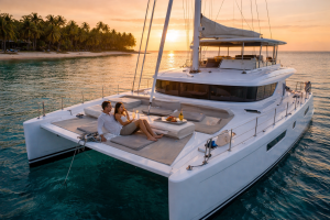 Private catamaran at sunset in the Caribbean with guests relaxing on deck, available on WannaBoats